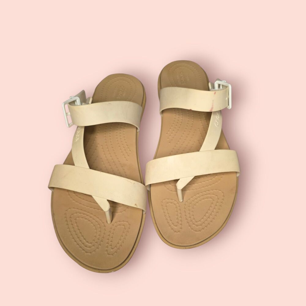 Crocs Tulum Toe Post Sandals Oyster Tan Strappy Comfort Women’s Size 10 Light